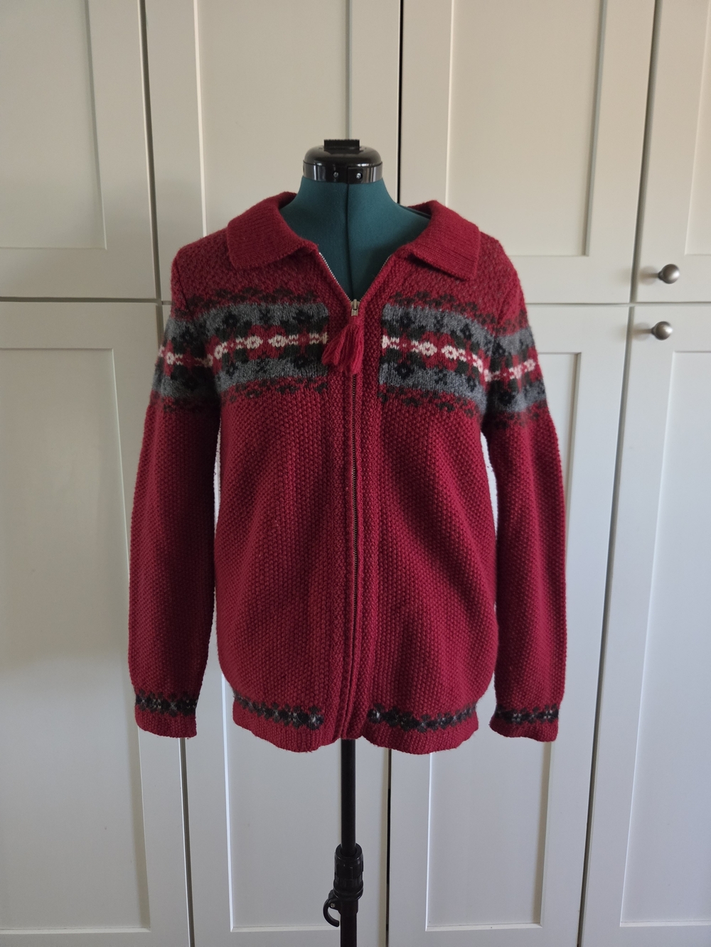 Maurices Women's Red Zip-Up Knit Sweater with Nordic Stripe